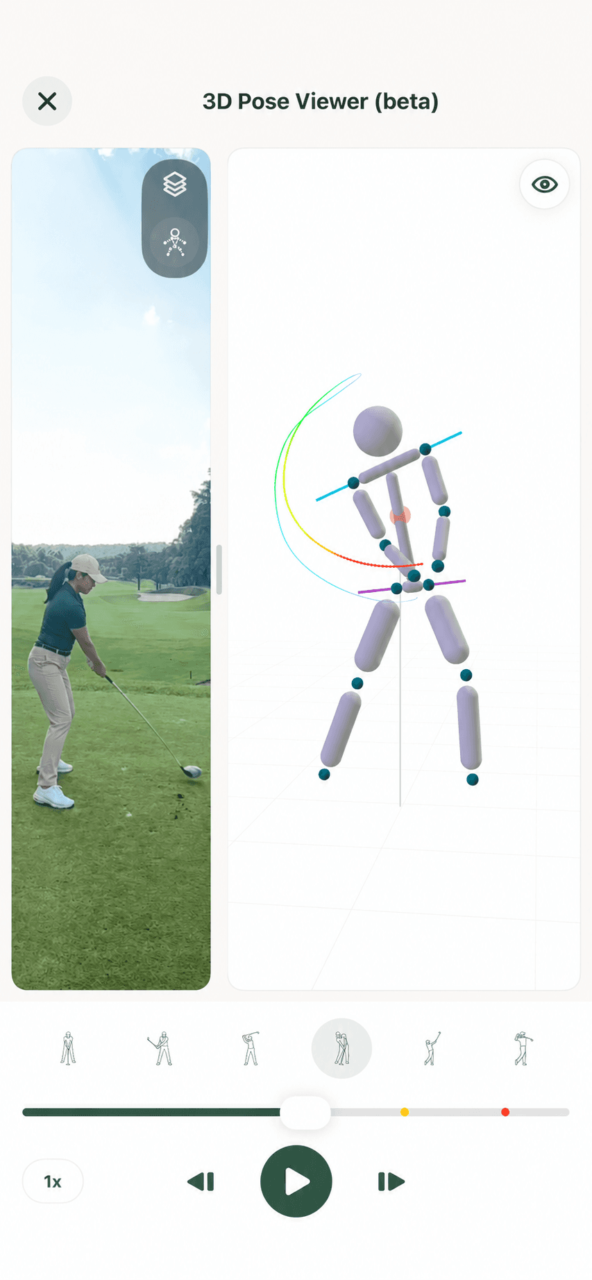 Teeo 3D Pose Viewer with a swing video beside its 3D model and position controls. Demo imagery.
