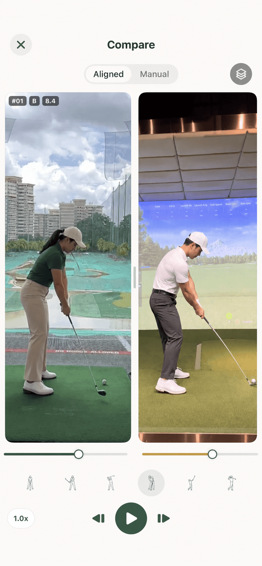 Two example golfers in the Teeo comparison interface, with alignment and playback controls.