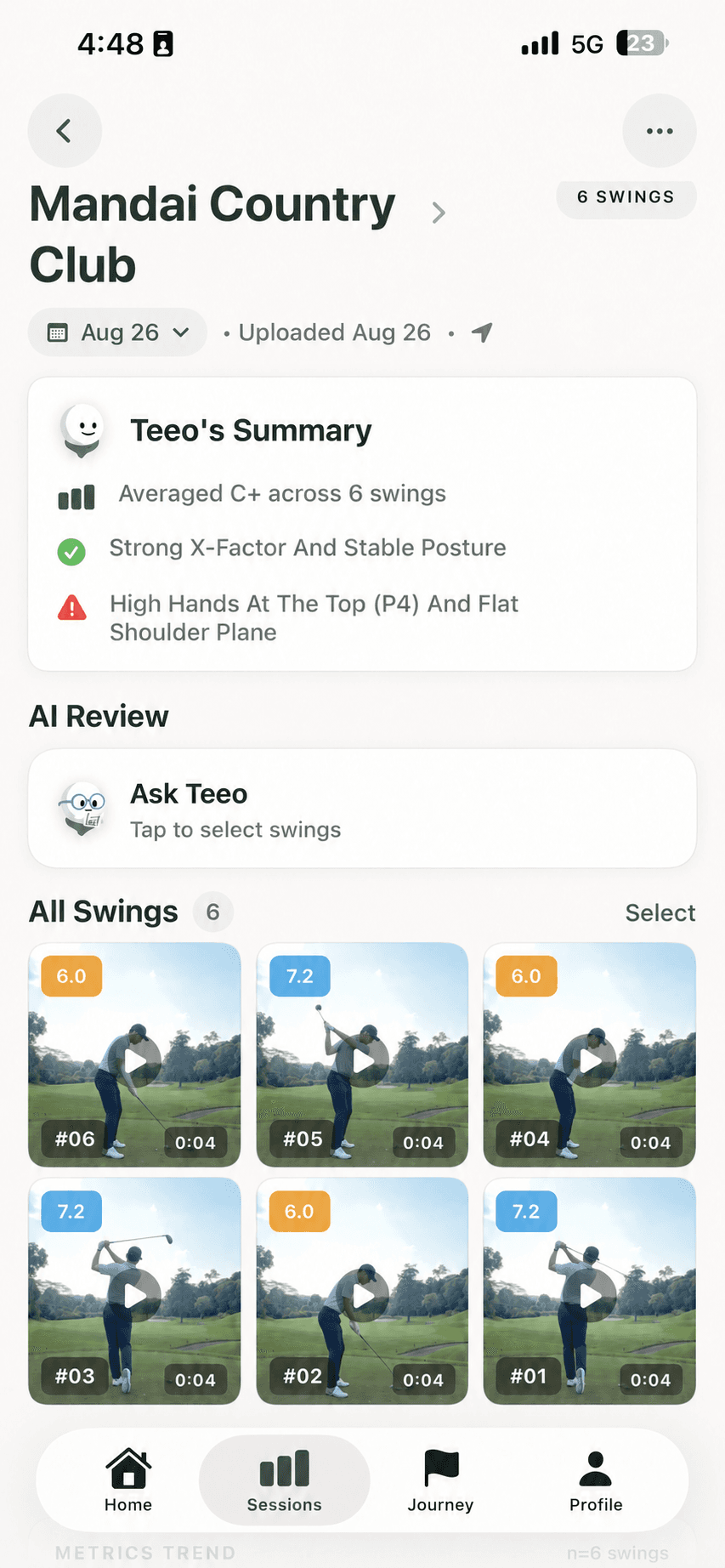 Six individual swing clips organised in a Teeo session, with scores and clip durations.